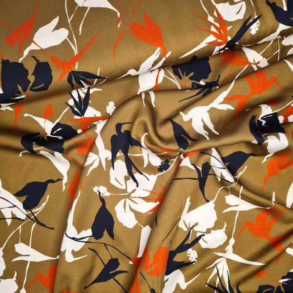 Viskosestoff braun mit Blumen- und Vögel-Print rot-weiß-schwarz