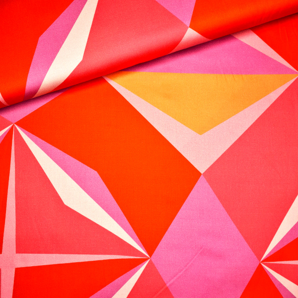 Viskosestoff, geometrischer Print, Rot, Pink, Fuchsia, Beige, Orange.