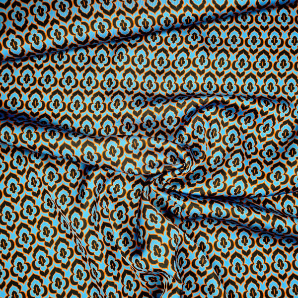 Stoffe Meterware, Polyestersatin, grafisches Muster, blau-schwarz-orange