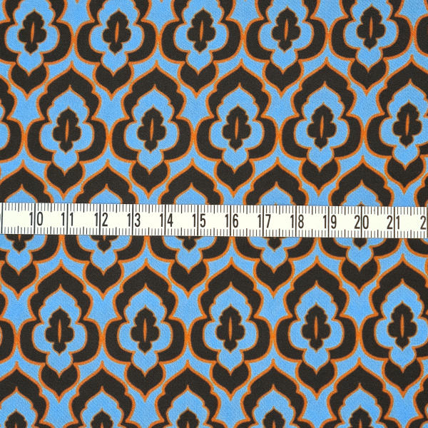 Stoffe Meterware, Polyestersatin, grafisches Muster, blau-schwarz-orange