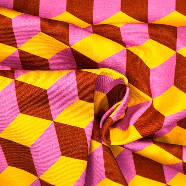Originalstoff Burda Style, Baumwolljersey, abstraktes Würfelmuster, gelb-pink-bordeaux