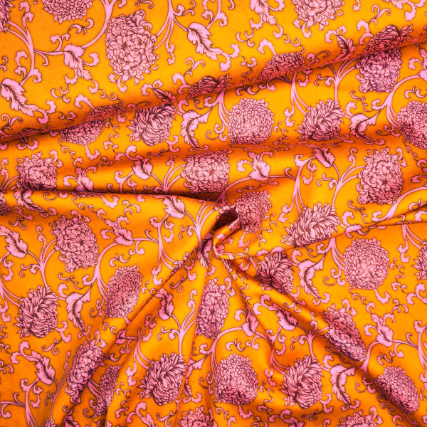 Originalstoff Burda Style, Baumwollstoff mit Blumenprint, orange-rosa