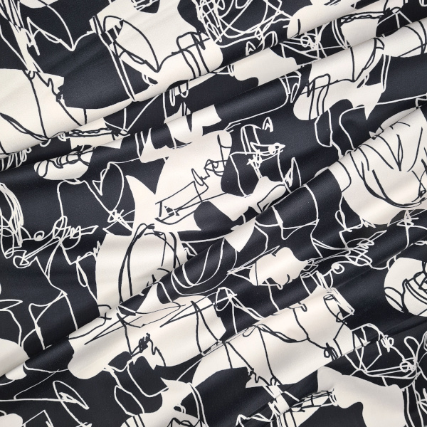 Baumwoll-Stretchstoff abstrakter Print mit Scribble-Linien, schwarz-cremeweiß