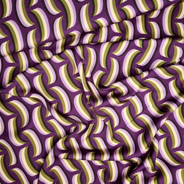Viskosestoff violett, Grafischer Print lila, creme, grün, schwarz