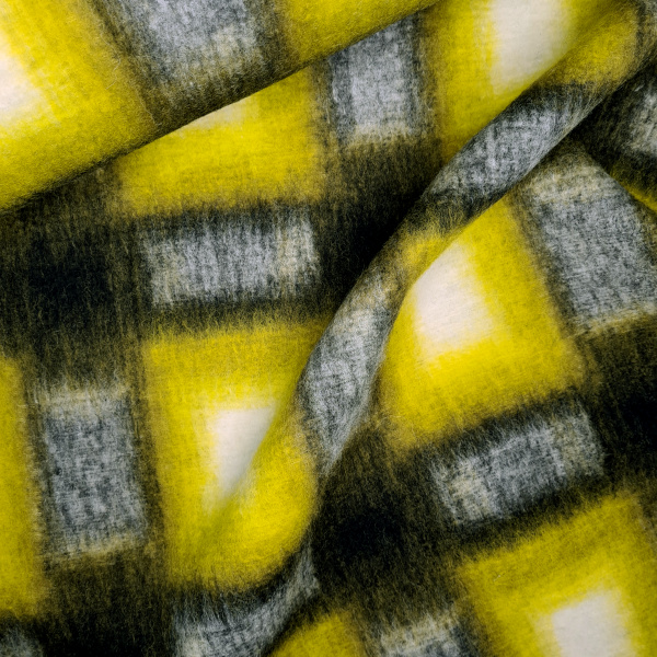 Flauschiger Wollstoff (Mischung), Großes Karo gelb-schwarz
