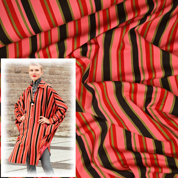 Originalstoff Burda Style 10/22, Modell 102A Kleid, Viskose-Wolle-Stoff mit Streifen rot-braun